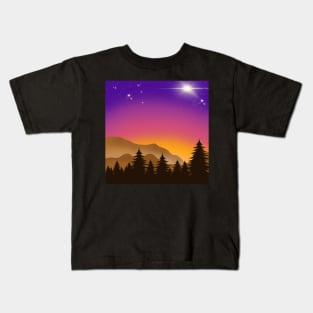 Midnight Purple Sky with Glowing Stars and Pine Trees Landscape Kids T-Shirt